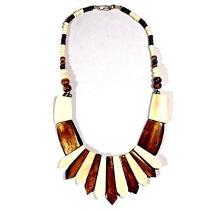 Vintage 1970's Tribal Necklace Carved Bison Bone Brass Beads Brown Cream